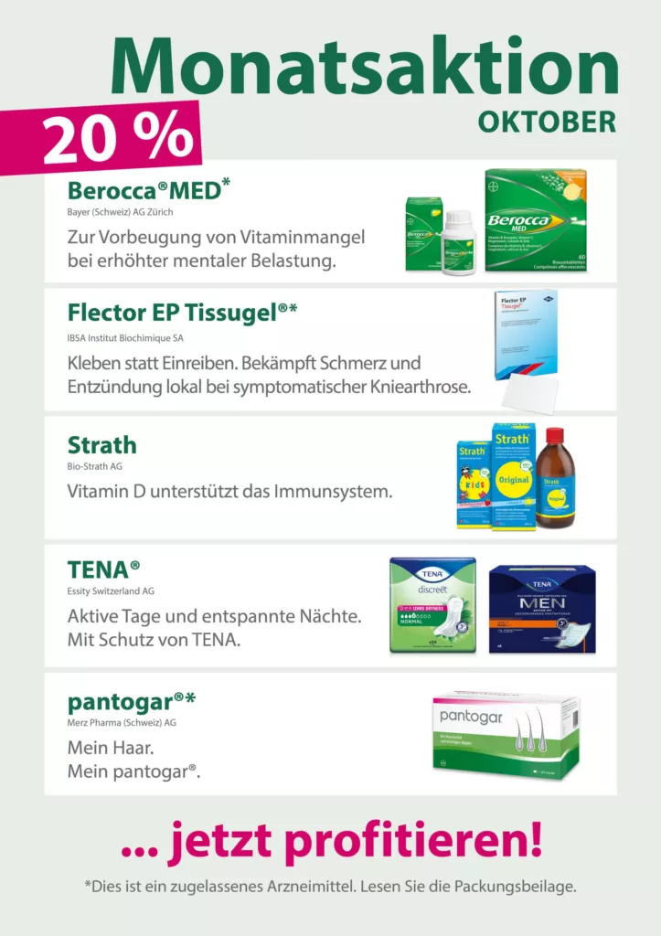 Monatsaktion Oktober 2026 der Sternen Apotheke Oberrieden: 20 % Rabatt auf Berocca, Flector EP Tissugel, Strath, TENA und Pantogar